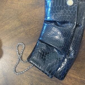 Henri Bendel Black Snakeskin Clutch with Pink Lining